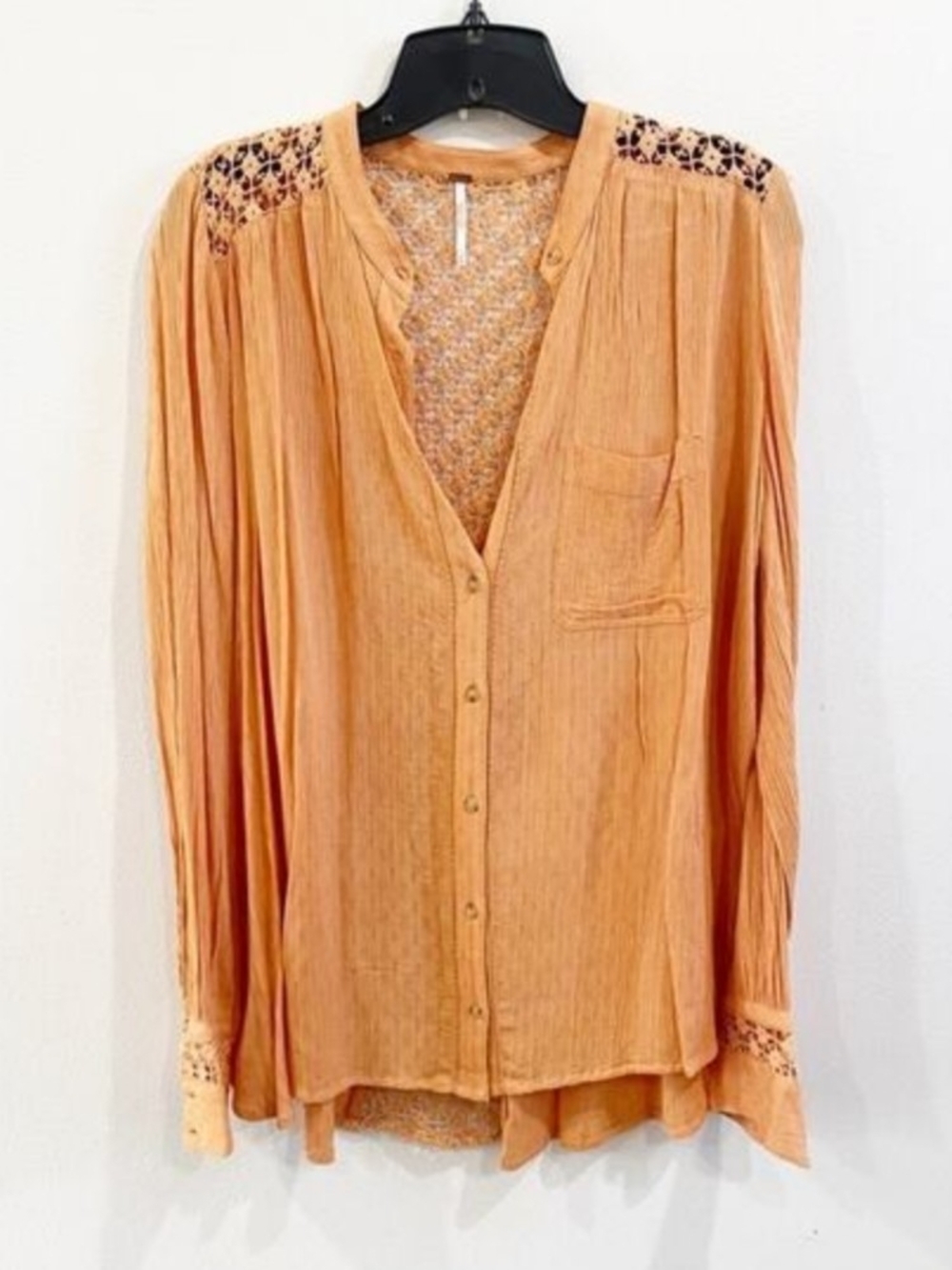 Free People Peach Button-Front Crochet Yoke Shirt